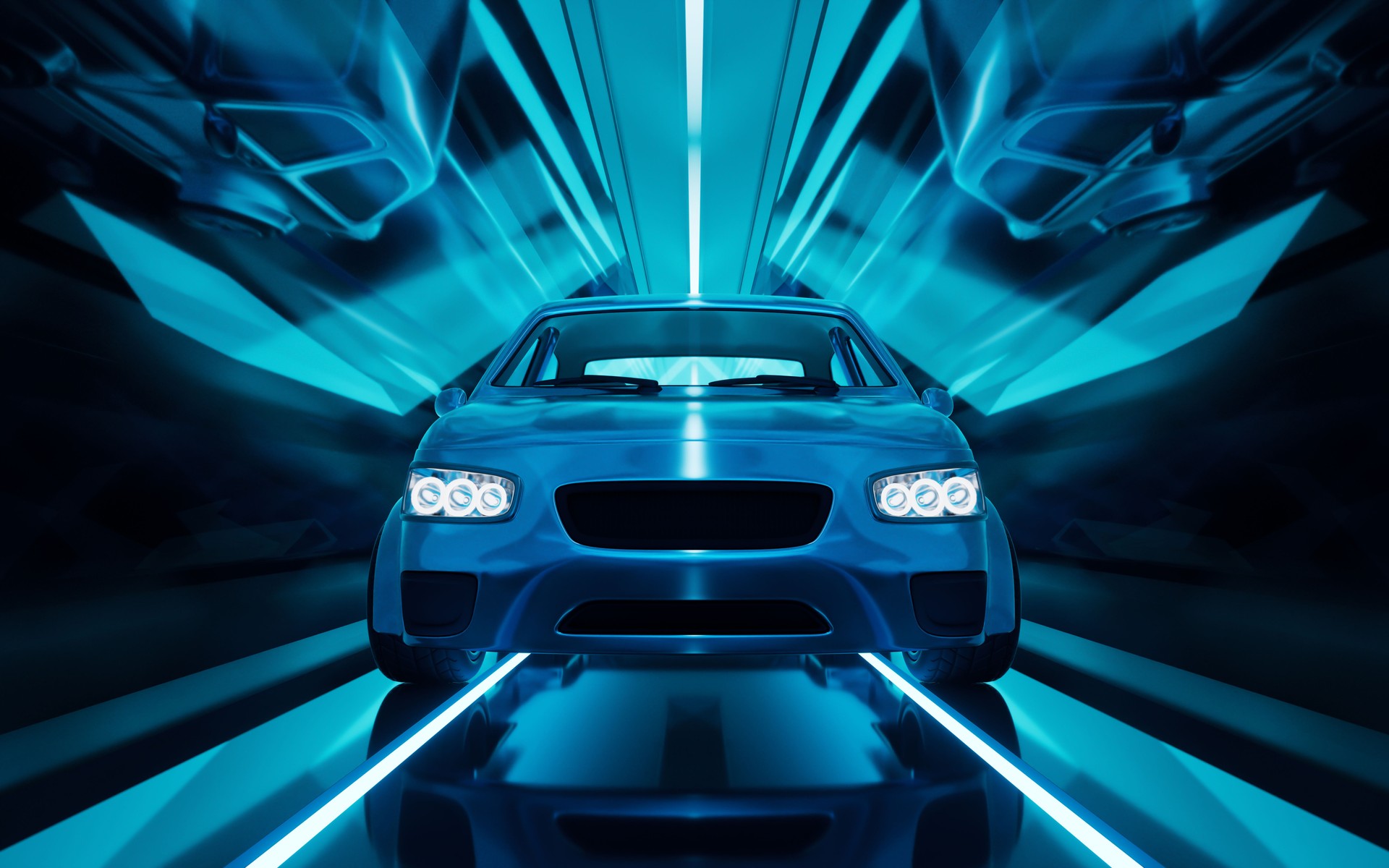 Car in the dark neon tunnel, 3d rendering.